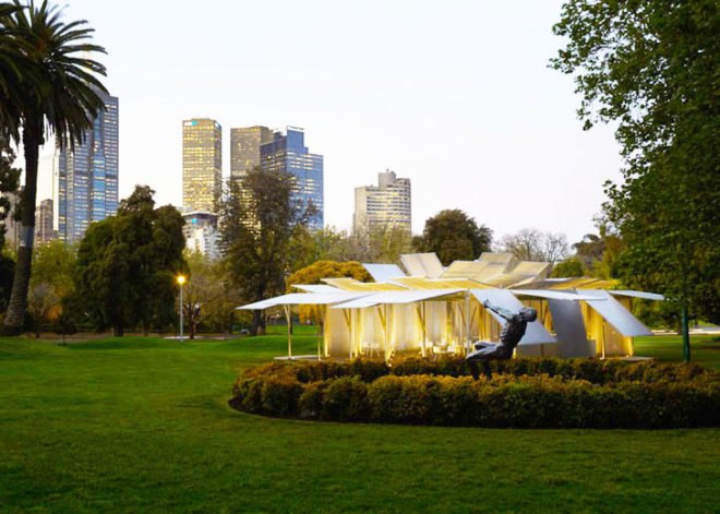 green design, eco design, sustainable design, Sean Godsell, convertible pavilion, Queen victoria Gardens Melbourne, MPavilion, pneumatic arm pavilion