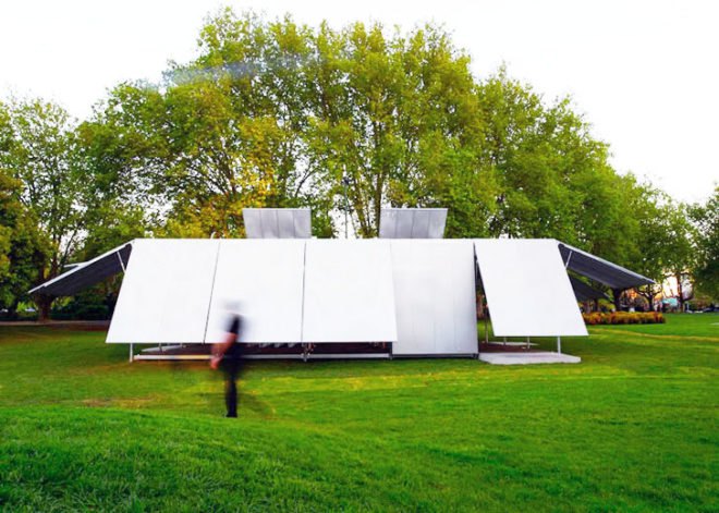 green design, eco design, sustainable design, Sean Godsell, convertible pavilion, Queen victoria Gardens Melbourne, MPavilion, pneumatic arm pavilion