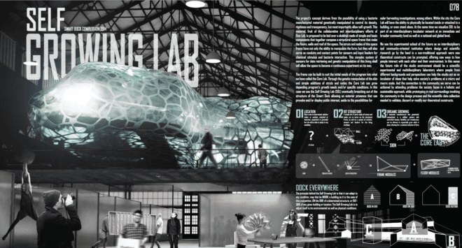 brooklyn navy yard, building 128, one prize, one lab, educational facility in brooklyn, science and design education brooklyn, non-profits, design competition, design awards, the lucent cube, self growing lab, roof garden, green roof, floating architecture, living buildings, bacteria building material