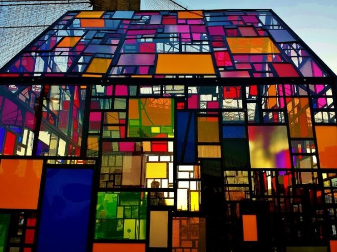 Tom Fruin, art, nyc art exhibition, brookyn bridge art installation, stained glass house, brookyn bridge park, glass installations, performance art