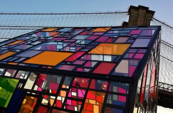 Tom Fruin, art, nyc art exhibition, brookyn bridge art installation, stained glass house, brookyn bridge park, glass installations, performance art
