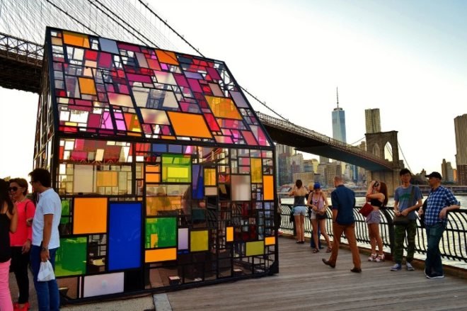 Tom Fruin, art, nyc art exhibition, brookyn bridge art installation, stained glass house, brookyn bridge park, glass installations, performance art