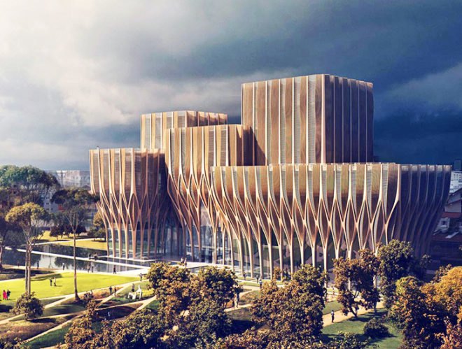 Zaha Hadid Architects, Sleuk Rith Institute, Cambodia architecture, Khmer Rouge, institute, wooden architecture, wooden shades, facade design