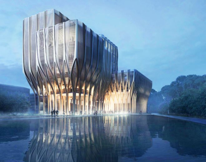 Zaha Hadid Architects, Sleuk Rith Institute, Cambodia architecture, Khmer Rouge, institute, wooden architecture, wooden shades, facade design