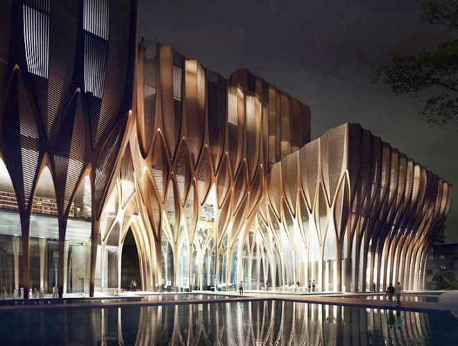 Zaha Hadid Architects, Sleuk Rith Institute, Cambodia architecture, Khmer Rouge, institute, wooden architecture, wooden shades, facade design