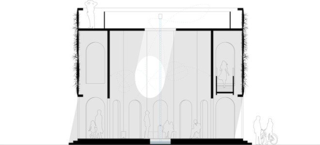 Raumlabor, Raumlaborberlin, watering hole, fountain house, montreal, art installation, grass-covered architecture, grass-covered, mist, waterfall, water, public water, access to water, colonnade, La Biennale de Montreal: L'avenir Festival