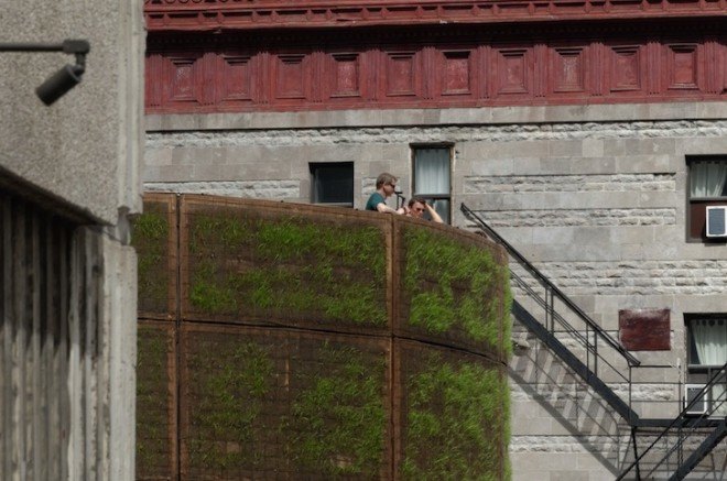 Raumlabor, Raumlaborberlin, watering hole, fountain house, montreal, art installation, grass-covered architecture, grass-covered, mist, waterfall, water, public water, access to water, colonnade, La Biennale de Montreal: L'avenir Festival