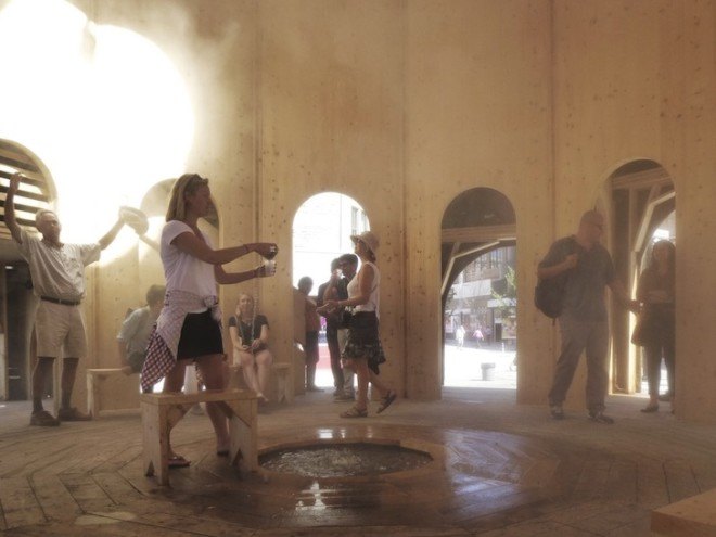 Raumlabor, Raumlaborberlin, watering hole, fountain house, montreal, art installation, grass-covered architecture, grass-covered, mist, waterfall, water, public water, access to water, colonnade, La Biennale de Montreal: L'avenir Festival