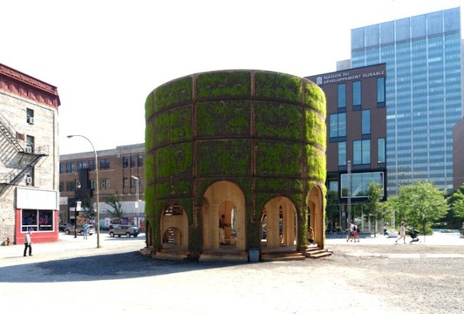 Raumlabor, Raumlaborberlin, watering hole, fountain house, montreal, art installation, grass-covered architecture, grass-covered, mist, waterfall, water, public water, access to water, colonnade, La Biennale de Montreal: L'avenir Festival