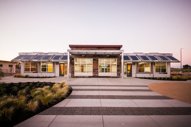 manteca unified school district, california, central valley, net zero school, environmental education center, education, american modular systems, Gen7, Gen7 Zero Net Energy, Regional Environmental Studies Center, RESC, solar power, photovoltaic panels, energy monitoring system, peak power demand, low-emitting materials, recycled materials, FSC-certified woods, natural ventilation, extensive daylighting, building orientation, window placement, reclaimed wood siding, butterfly roof, cool roof