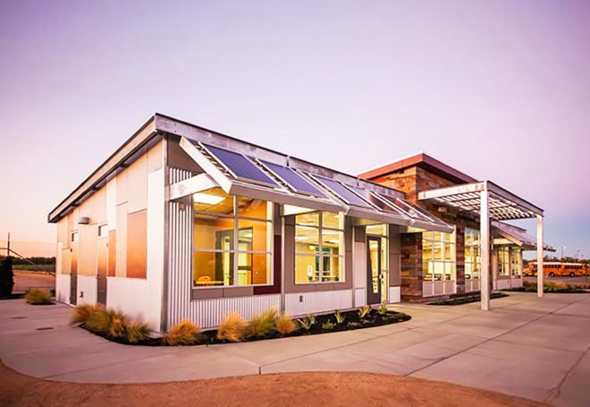 manteca unified school district, california, central valley, net zero school, environmental education center, education, american modular systems, Gen7, Gen7 Zero Net Energy, Regional Environmental Studies Center, RESC, solar power, photovoltaic panels, energy monitoring system, peak power demand, low-emitting materials, recycled materials, FSC-certified woods, natural ventilation, extensive daylighting, building orientation, window placement, reclaimed wood siding, butterfly roof, cool roof