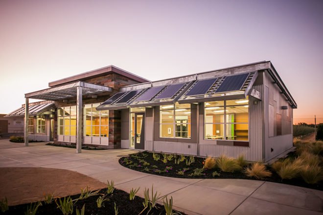 manteca unified school district, california, central valley, net zero school, environmental education center, education, american modular systems, Gen7, Gen7 Zero Net Energy, Regional Environmental Studies Center, RESC, solar power, photovoltaic panels, energy monitoring system, peak power demand, low-emitting materials, recycled materials, FSC-certified woods, natural ventilation, extensive daylighting, building orientation, window placement, reclaimed wood siding, butterfly roof, cool roof