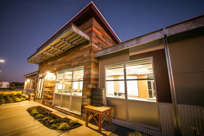 manteca unified school district, california, central valley, net zero school, environmental education center, education, american modular systems, Gen7, Gen7 Zero Net Energy, Regional Environmental Studies Center, RESC, solar power, photovoltaic panels, energy monitoring system, peak power demand, low-emitting materials, recycled materials, FSC-certified woods, natural ventilation, extensive daylighting, building orientation, window placement, reclaimed wood siding, butterfly roof, cool roof