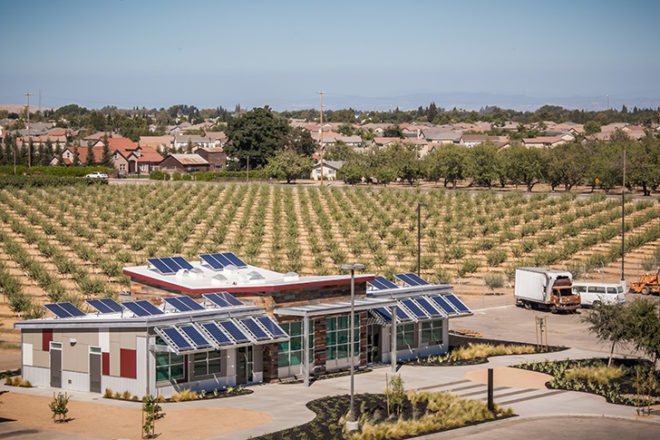 manteca unified school district, california, central valley, net zero school, environmental education center, education, american modular systems, Gen7, Gen7 Zero Net Energy, Regional Environmental Studies Center, RESC, solar power, photovoltaic panels, energy monitoring system, peak power demand, low-emitting materials, recycled materials, FSC-certified woods, natural ventilation, extensive daylighting, building orientation, window placement, reclaimed wood siding, butterfly roof, cool roof