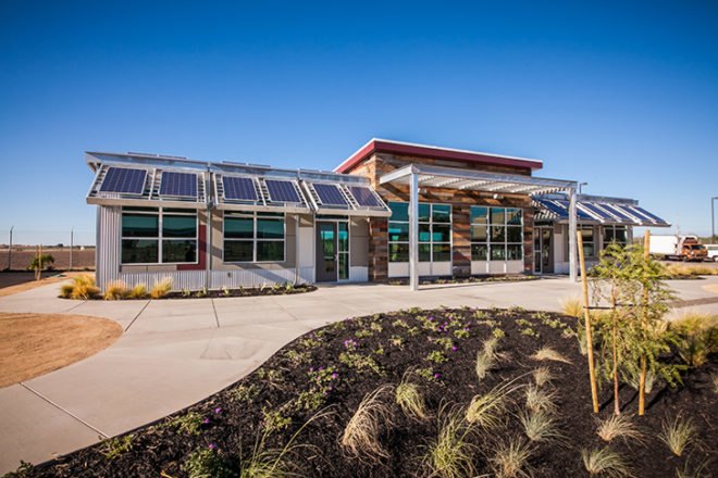 manteca unified school district, california, central valley, net zero school, environmental education center, education, american modular systems, Gen7, Gen7 Zero Net Energy, Regional Environmental Studies Center, RESC, solar power, photovoltaic panels, energy monitoring system, peak power demand, low-emitting materials, recycled materials, FSC-certified woods, natural ventilation, extensive daylighting, building orientation, window placement, reclaimed wood siding, butterfly roof, cool roof