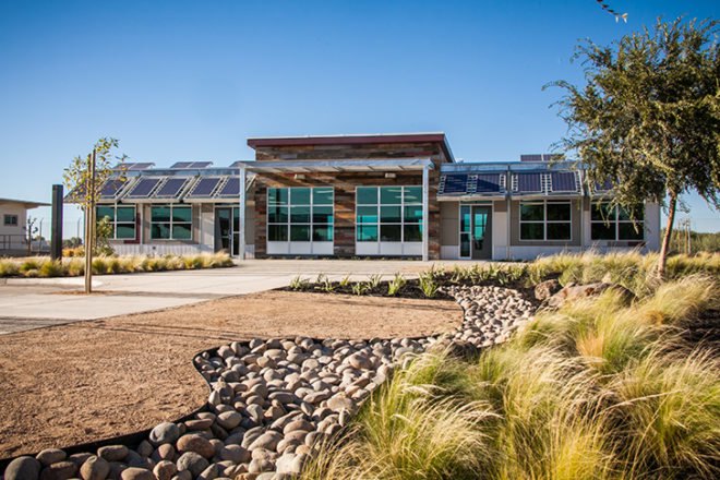 manteca unified school district, california, central valley, net zero school, environmental education center, education, american modular systems, Gen7, Gen7 Zero Net Energy, Regional Environmental Studies Center, RESC, solar power, photovoltaic panels, energy monitoring system, peak power demand, low-emitting materials, recycled materials, FSC-certified woods, natural ventilation, extensive daylighting, building orientation, window placement, reclaimed wood siding, butterfly roof, cool roof