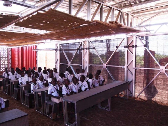 Malawi, shipping containers, architecture for a change, solar energy, rainwater harvesting, primary school, off grid, John Saaimen, prefab, prefab school, bamboo ceiling, shade netting, cross ventilation, sustainable architecture, prefab architecture, Legson Kayira Community Center & Primary School