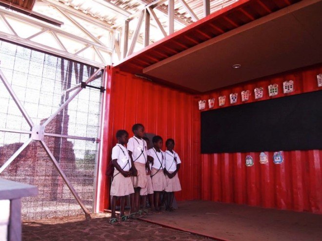 Malawi, shipping containers, architecture for a change, solar energy, rainwater harvesting, primary school, off grid, John Saaimen, prefab, prefab school, bamboo ceiling, shade netting, cross ventilation, sustainable architecture, prefab architecture, Legson Kayira Community Center & Primary School