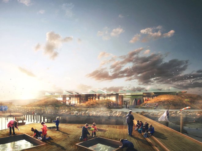 eco visitor center, solar power, solar panels, rainwater harvesting, renewable energy, marine life, water ecosystems, oceans, global warming, climate change, NORD Architects, Malmö, Sweden, Danish architects