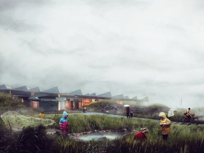 eco visitor center, solar power, solar panels, rainwater harvesting, renewable energy, marine life, water ecosystems, oceans, global warming, climate change, NORD Architects, Malmö, Sweden, Danish architects