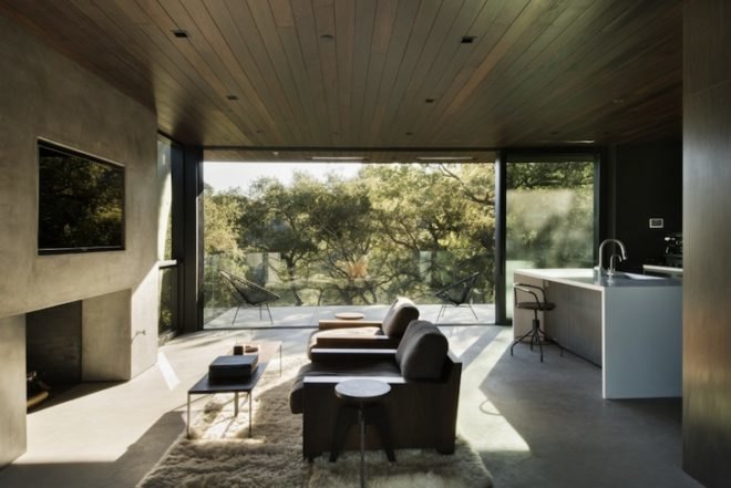 Oak Pass Guesthouse, barn, converted barn, Walker Workshop, fire-resistant timber, timber planks, concert hall, polished concrete, floor to ceiling windows, floor to ceiling glass, natural light, contemporary home, guesthouse, beverley hills, los angeles,