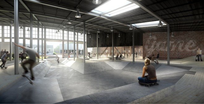 StreetMekka Esbjerg, StreetMekka, EFFEKT, industrial building, train depot, skateboarding, skatepark, street sports, skateboarders, multifunctional sports center, Denmark, Esbjerg