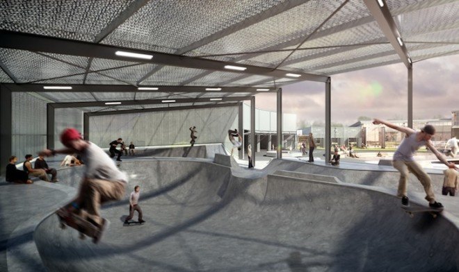 StreetMekka Esbjerg, StreetMekka, EFFEKT, industrial building, train depot, skateboarding, skatepark, street sports, skateboarders, multifunctional sports center, Denmark, Esbjerg
