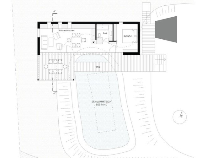 HPSA, Hammerschmid, Pachl, Seebacher Architekten, Teichhaus, spruce, Swedish mud color, Austria, Austrian architecture, natural swimming pool, elevated house, white oiled birch plywood, plywood, spruce board, gray fiberboard, open plan layout, natural light, minimal site disturbance, wooden deck