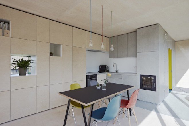 HPSA, Hammerschmid, Pachl, Seebacher Architekten, Teichhaus, spruce, Swedish mud color, Austria, Austrian architecture, natural swimming pool, elevated house, white oiled birch plywood, plywood, spruce board, gray fiberboard, open plan layout, natural light, minimal site disturbance, wooden deck