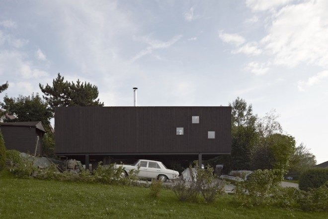 HPSA, Hammerschmid, Pachl, Seebacher Architekten, Teichhaus, spruce, Swedish mud color, Austria, Austrian architecture, natural swimming pool, elevated house, white oiled birch plywood, plywood, spruce board, gray fiberboard, open plan layout, natural light, minimal site disturbance, wooden deck