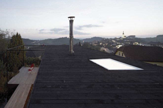 HPSA, Hammerschmid, Pachl, Seebacher Architekten, Teichhaus, spruce, Swedish mud color, Austria, Austrian architecture, natural swimming pool, elevated house, white oiled birch plywood, plywood, spruce board, gray fiberboard, open plan layout, natural light, minimal site disturbance, wooden deck