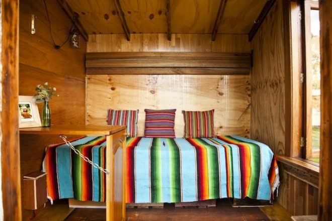 The Upcyclist, James Gallelty, The Bower, Australia, Sydney, tiny house, tiny bedroom, tiny house movement, tiny houses, tiny homes, solar power, led lighting, space saving furniture, fold up bed, upcycling, reclaimed materials, salvaged materials
