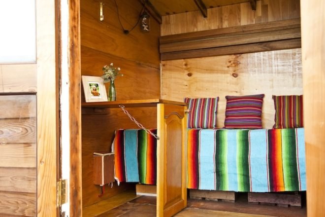 The Upcyclist, James Gallelty, The Bower, Australia, Sydney, tiny house, tiny bedroom, tiny house movement, tiny houses, tiny homes, solar power, led lighting, space saving furniture, fold up bed, upcycling, reclaimed materials, salvaged materials