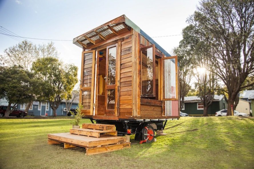 The Upcyclist, James Gallelty, The Bower, Australia, Sydney, tiny house, tiny bedroom, tiny house movement, tiny houses, tiny homes, solar power, led lighting, space saving furniture, fold up bed, upcycling, reclaimed materials, salvaged materials