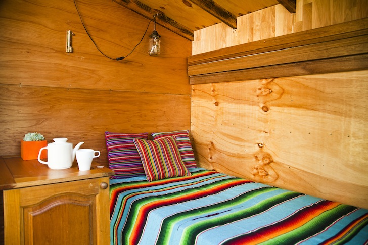 The Upcyclist, James Gallelty, The Bower, Australia, Sydney, tiny house, tiny bedroom, tiny house movement, tiny houses, tiny homes, solar power, led lighting, space saving furniture, fold up bed, upcycling, reclaimed materials, salvaged materials