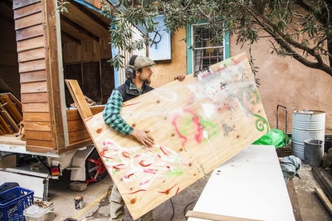 The Upcyclist, James Gallelty, The Bower, Australia, Sydney, tiny house, tiny bedroom, tiny house movement, tiny houses, tiny homes, solar power, led lighting, space saving furniture, fold up bed, upcycling, reclaimed materials, salvaged materials