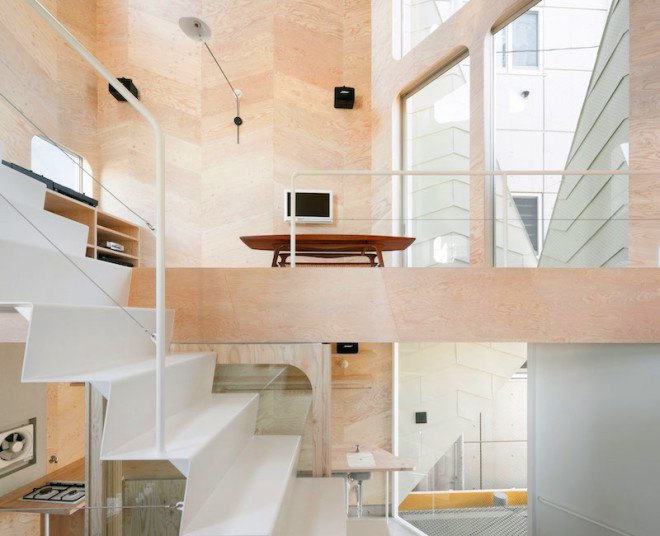 Tsubomi House, Flathouse, Bud house, Yotsuha Cookie Shop, working from home, work life balance, work at home, open plan, tiny home, split level, multilevel, small footprint, Tokyo, Japan, Japanese tiny homes, plywood, home business, architecture, stacked home, stacked building