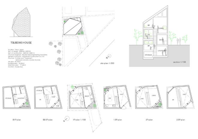Tsubomi House, Flathouse, Bud house, Yotsuha Cookie Shop, working from home, work life balance, work at home, open plan, tiny home, split level, multilevel, small footprint, Tokyo, Japan, Japanese tiny homes, plywood, home business, architecture, stacked home, stacked building