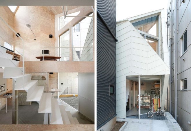 Tsubomi House, Flathouse, Bud house, Yotsuha Cookie Shop, working from home, work life balance, work at home, open plan, tiny home, split level, multilevel, small footprint, Tokyo, Japan, Japanese tiny homes, plywood, home business, architecture, stacked home, stacked building