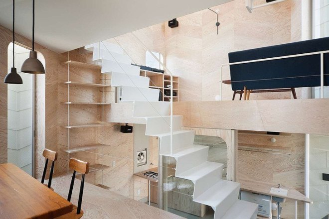 Tsubomi House, Flathouse, Bud house, Yotsuha Cookie Shop, working from home, work life balance, work at home, open plan, tiny home, split level, multilevel, small footprint, Tokyo, Japan, Japanese tiny homes, plywood, home business, architecture, stacked home, stacked building