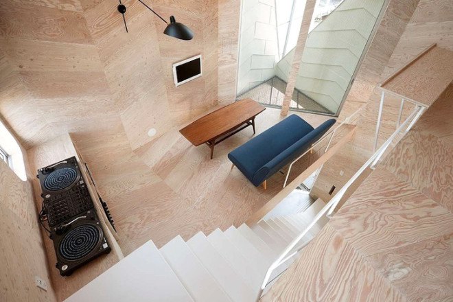 Tsubomi House, Flathouse, Bud house, Yotsuha Cookie Shop, working from home, work life balance, work at home, open plan, tiny home, split level, multilevel, small footprint, Tokyo, Japan, Japanese tiny homes, plywood, home business, architecture, stacked home, stacked building