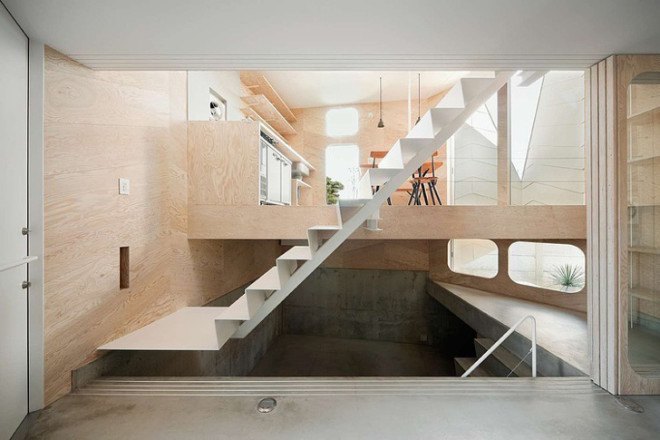 Tsubomi House, Flathouse, Bud house, Yotsuha Cookie Shop, working from home, work life balance, work at home, open plan, tiny home, split level, multilevel, small footprint, Tokyo, Japan, Japanese tiny homes, plywood, home business, architecture, stacked home, stacked building