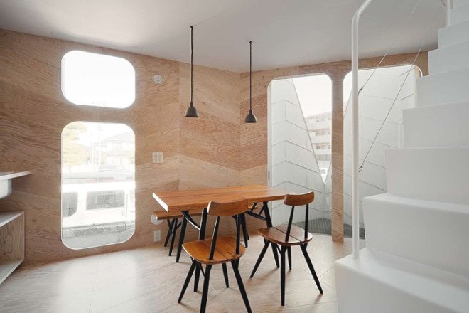 Tsubomi House, Flathouse, Bud house, Yotsuha Cookie Shop, working from home, work life balance, work at home, open plan, tiny home, split level, multilevel, small footprint, Tokyo, Japan, Japanese tiny homes, plywood, home business, architecture, stacked home, stacked building