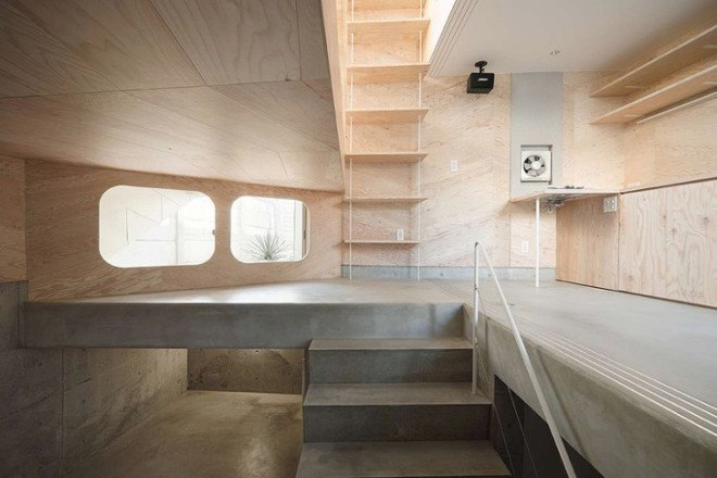 Tsubomi House, Flathouse, Bud house, Yotsuha Cookie Shop, working from home, work life balance, work at home, open plan, tiny home, split level, multilevel, small footprint, Tokyo, Japan, Japanese tiny homes, plywood, home business, architecture, stacked home, stacked building