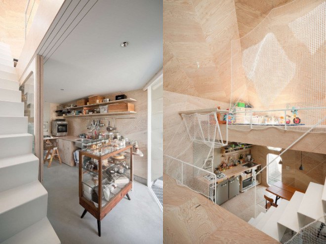 Tsubomi House, Flathouse, Bud house, Yotsuha Cookie Shop, working from home, work life balance, work at home, open plan, tiny home, split level, multilevel, small footprint, Tokyo, Japan, Japanese tiny homes, plywood, home business, architecture, stacked home, stacked building