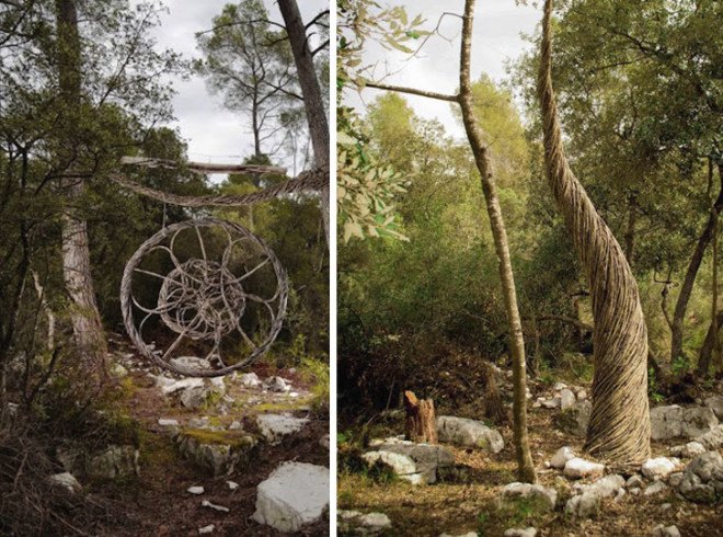 land art, spencer byles, forest sculptures, forest sculptures france, found materials, natural artwork