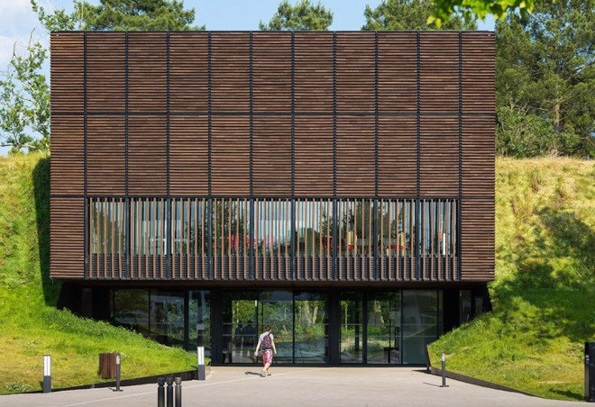 Mont-de-Marsan, Marjan Hessamfar, Joe Vérons, France, forest, wood-clad building, locally sourced wood, timber building, timber volumes, natural light, cantilever, artificial turf, artificial grass
