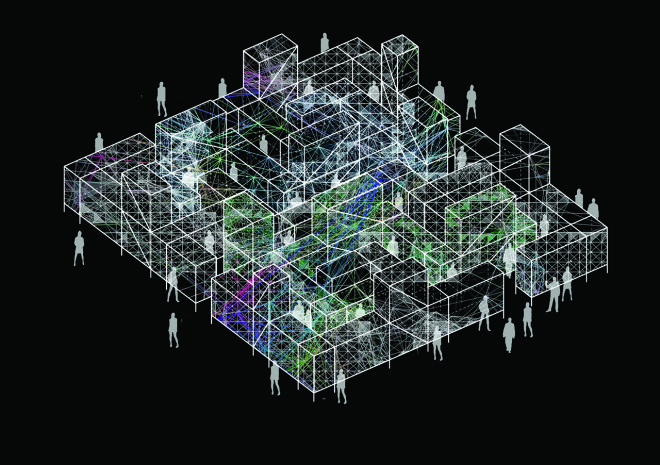 Nuit Blanche, Toronto, Scotiabank, AMAZE, multi sensory, temporary maze, labyrinth, maze, Marcos Zotes, UNSTABLE, light show, shadows, lights, modular system, prefab, scaffolding, fabric, urban space, downtown Toronto