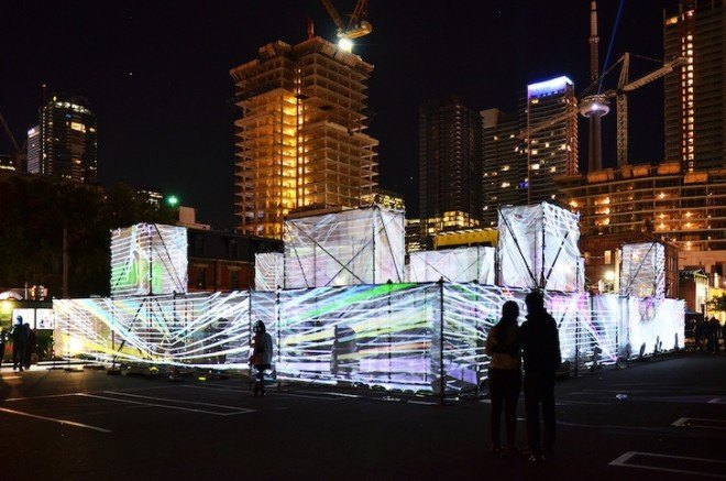 Nuit Blanche, Toronto, Scotiabank, AMAZE, multi sensory, temporary maze, labyrinth, maze, Marcos Zotes, UNSTABLE, light show, shadows, lights, modular system, prefab, scaffolding, fabric, urban space, downtown Toronto