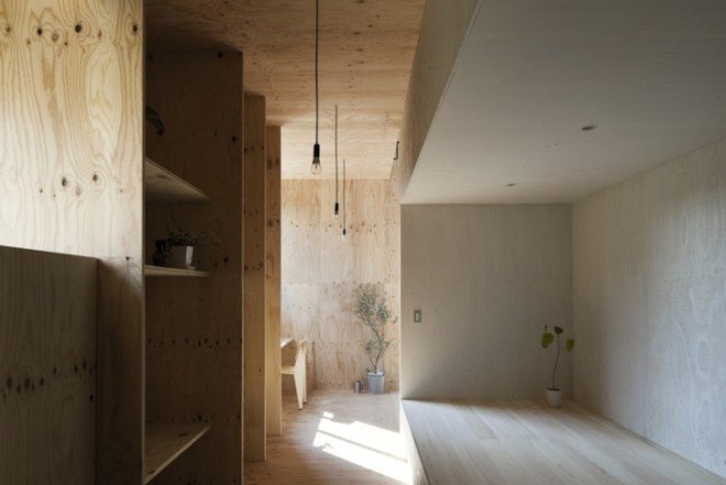 japanese architecture, Ant House, Japan, Shizuka Prefecture, mA-style architects, gable roofed structure, home within a home, monolithic architecture, metal clad architecture, contemporary home, plywood, larch plywood, natural light